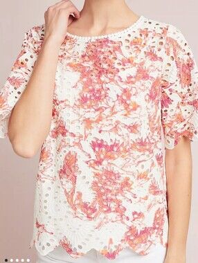 Anthropology Porridge Arber Eyelet Top White Red Blouse Top Size XL